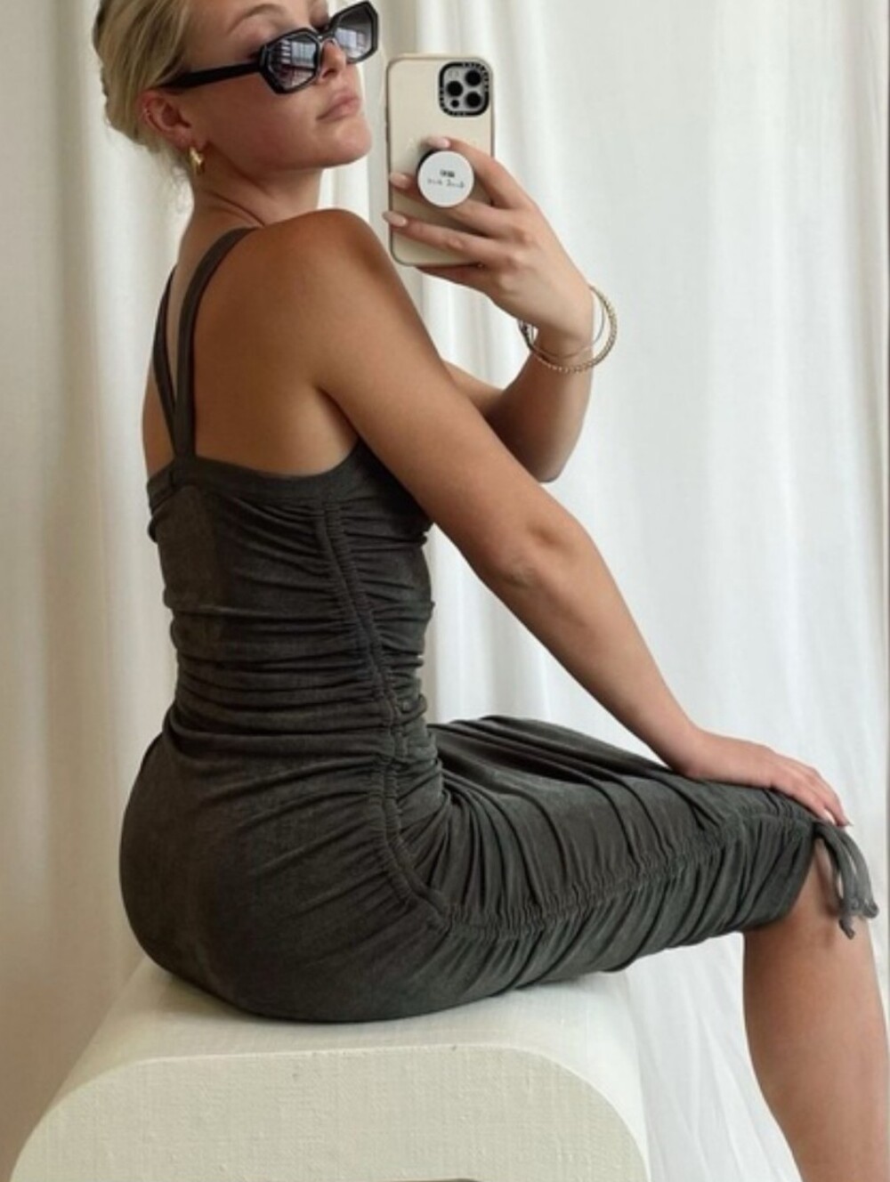 NWT 12th Tribe Say It Olive Ruched Metallic Midi Dress Size Small